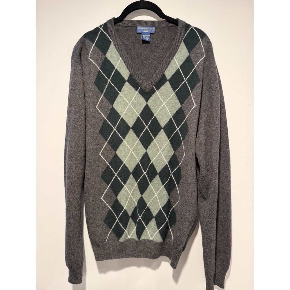 Joseph & Lyman Men's 100% Cashmere V-Neck Argyle Sweater Large Gray Green